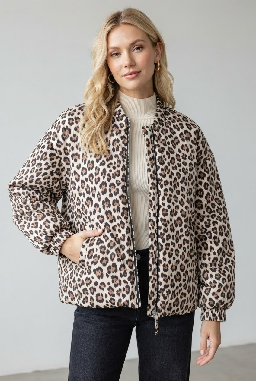 Leopard print bomber jacket detail showing silver zipper, stand collar and elasticated cuffs close up - Velara UK