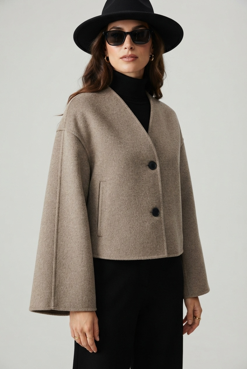 Taupe cropped jacket studio detail showing black buttons, welt pockets and brushed wool texture close up - Velara UK