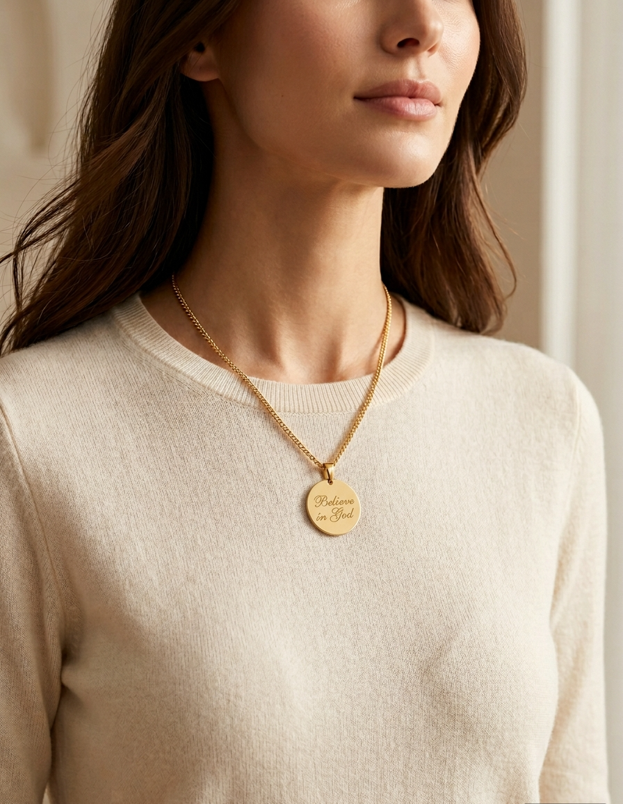 "Believe in God" Engraved Pendant Necklace | 18K Gold Plated Women's Faith Jewelry