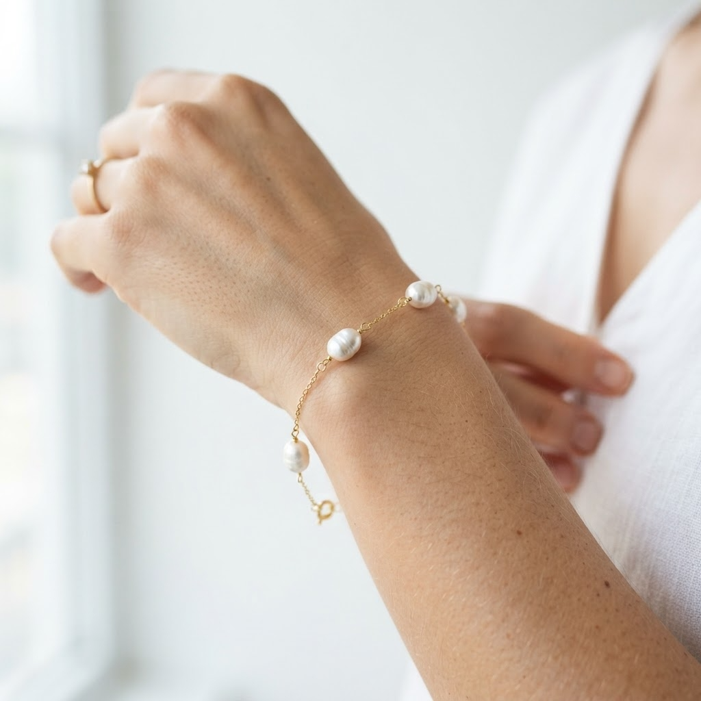 Woman wearing gold-toned stainless steel chain bracelet with five baroque pearls – elegant minimalist pearl bracelet styling photo – luxury jewelry lifestyle photography