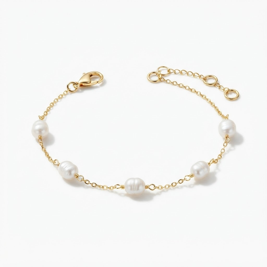gold-toned pearl bracelet detail – 5mm baroque freshwater pearl wire-wrapped on rectangular cable chain – extreme close-up product photography