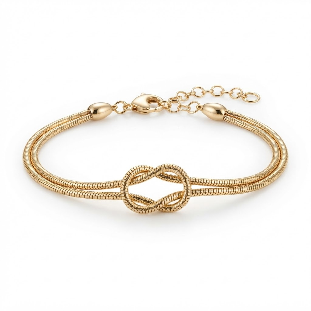 Gold-toned delicate double-strand snake chain bracelet with infinity love knot – elegant minimalist adjustable bracelet with central reef knot design and heart-shaped clasp – jewelry product photo