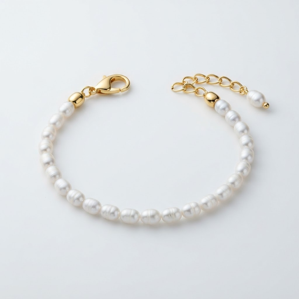 White faux pearl bracelet with gold color hardware – 37 oval rice pearls (5-6mm) with gold-plated lobster clasp and 12-link extender chain ending in faux pearl drop – jewelry product photo