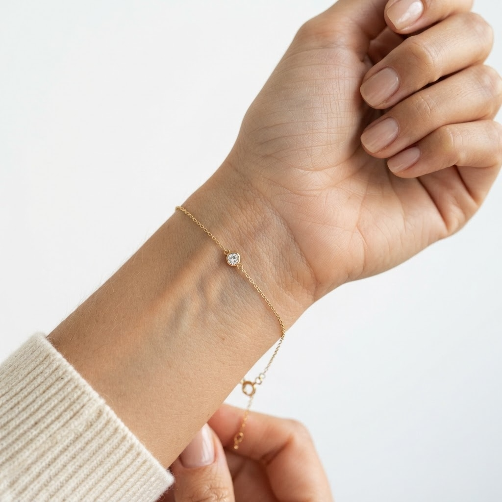 Woman wearing gold-toned delicate cable chain bracelet with bezel crystal charm – elegant minimalist bracelet styling photo – luxury jewelry lifestyle photography