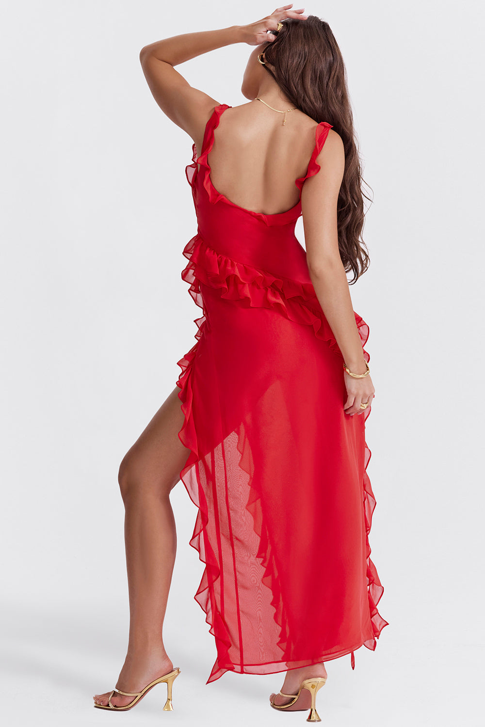 Red fringe maxi dress, side pose showing leg slit