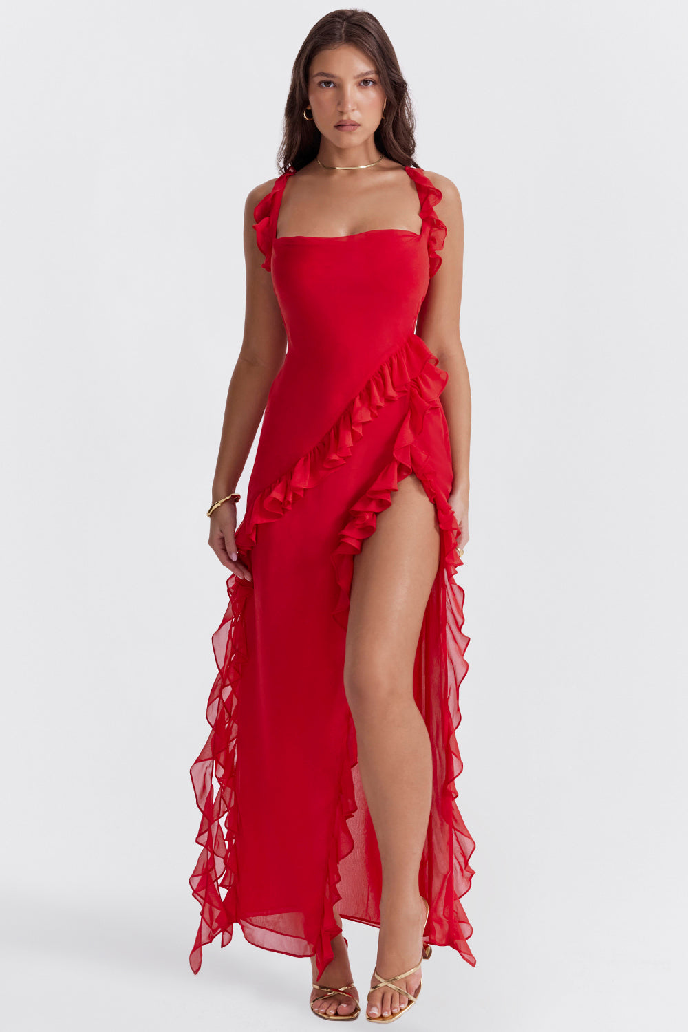 Red one-shoulder fringe maxi dress, full length