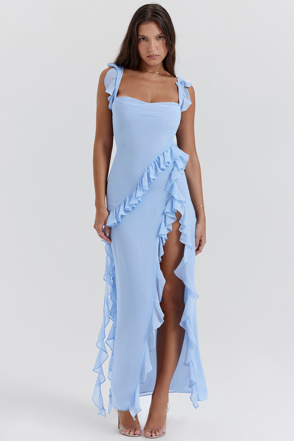 Light blue fringe maxi dress with tassel skirt