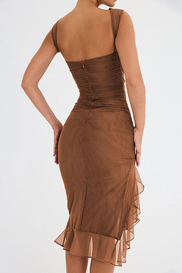 Brown ruffle midi dress, back view