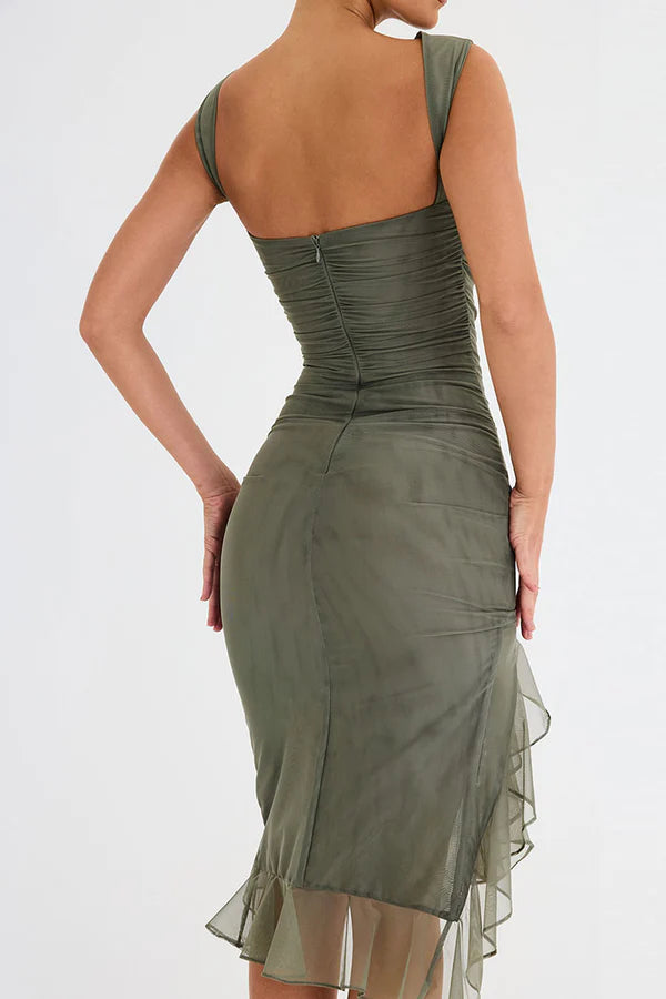 Olive green ruffle dress, close-up detail