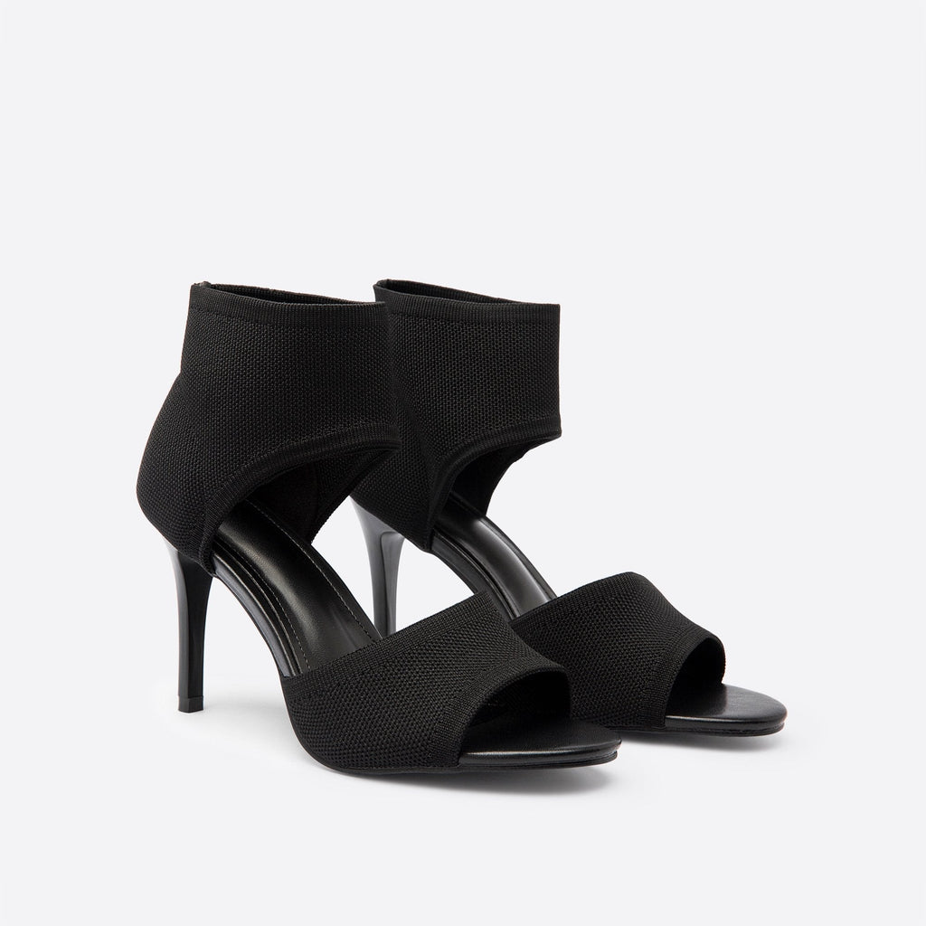 Black stiletto ankle strap sandals, pair front view