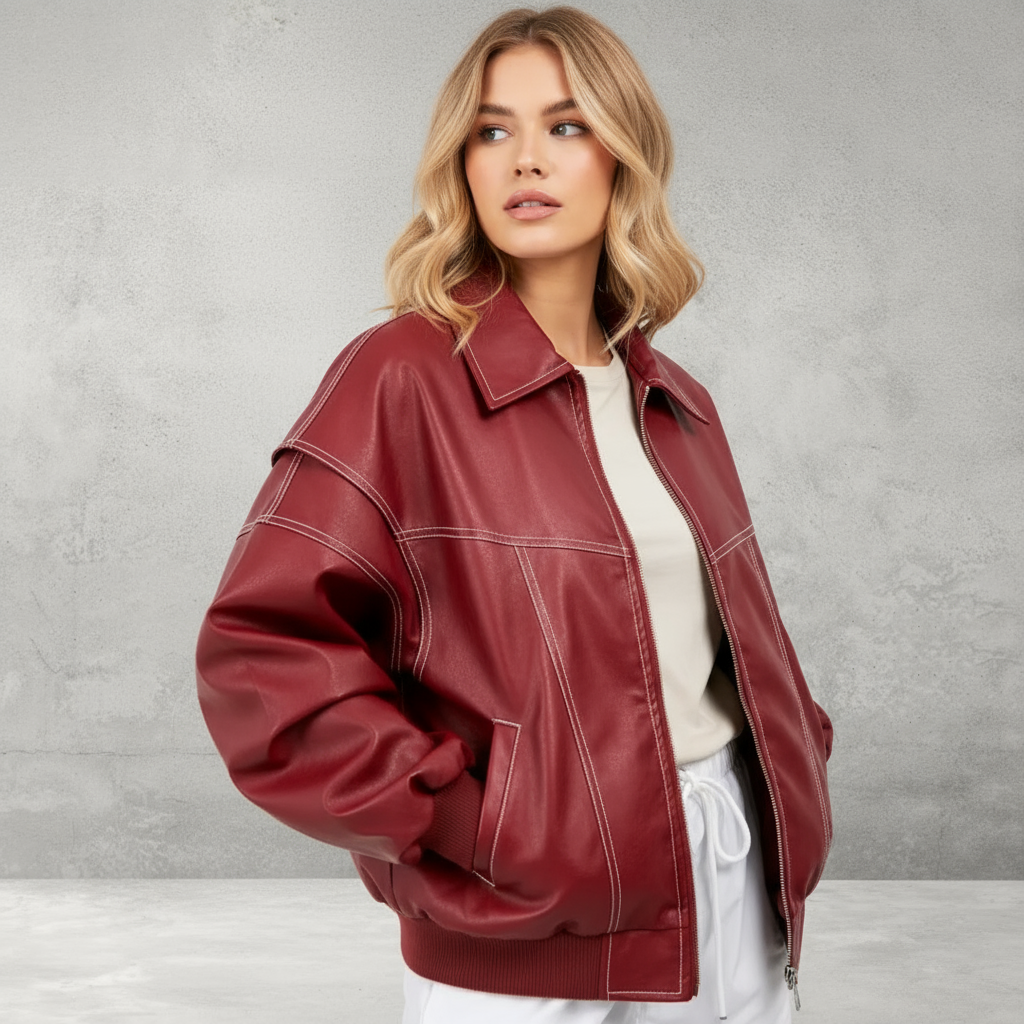 Woman wearing red faux leather oversized bomber jacket, front view