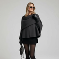 Dark charcoal gray wool blend capelet jacket with draped cowl neck and layered construction front view - Velara UK