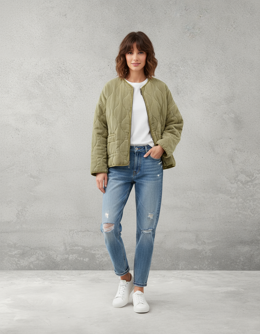 Woman wearing olive green quilted bomber jacket with jeans