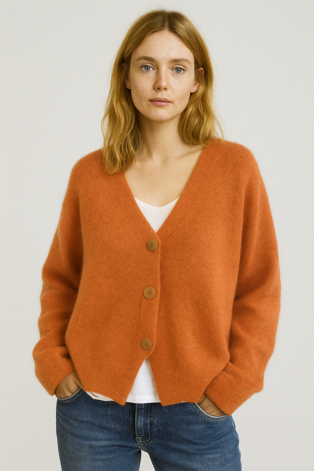 Button front cardigan with V-neck, front view