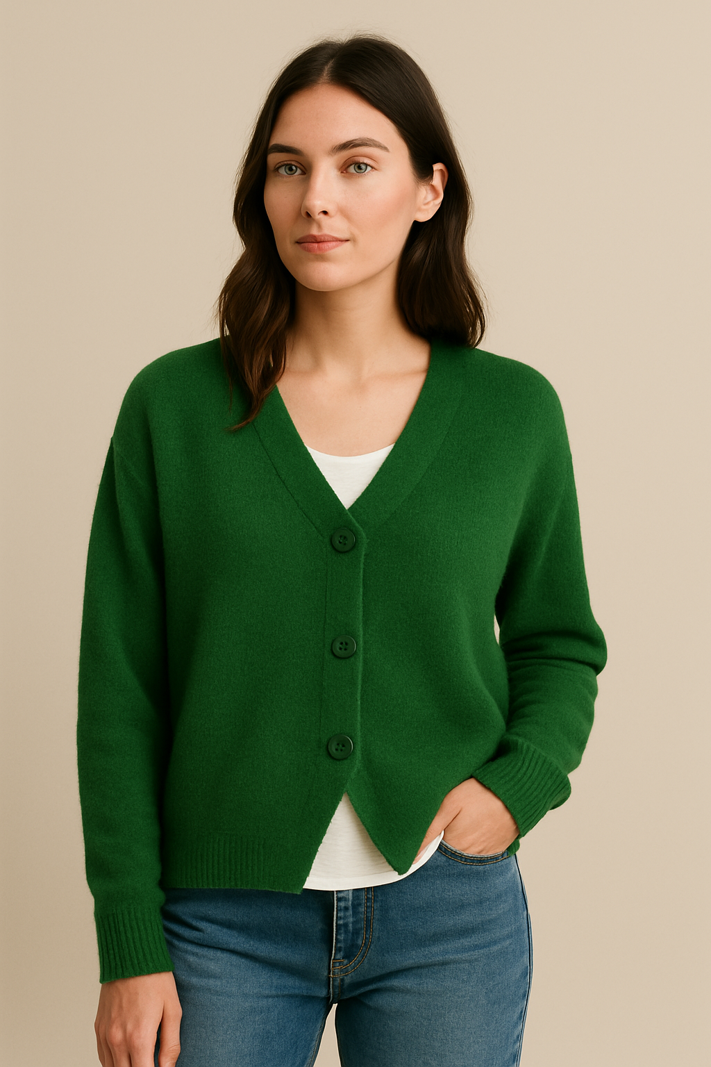 Close-up of cardigan button closure and knit fabric