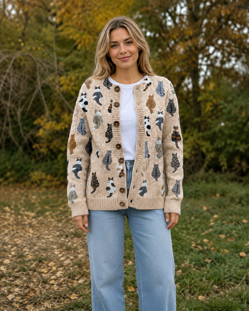 Cat print cardigan close-up detail