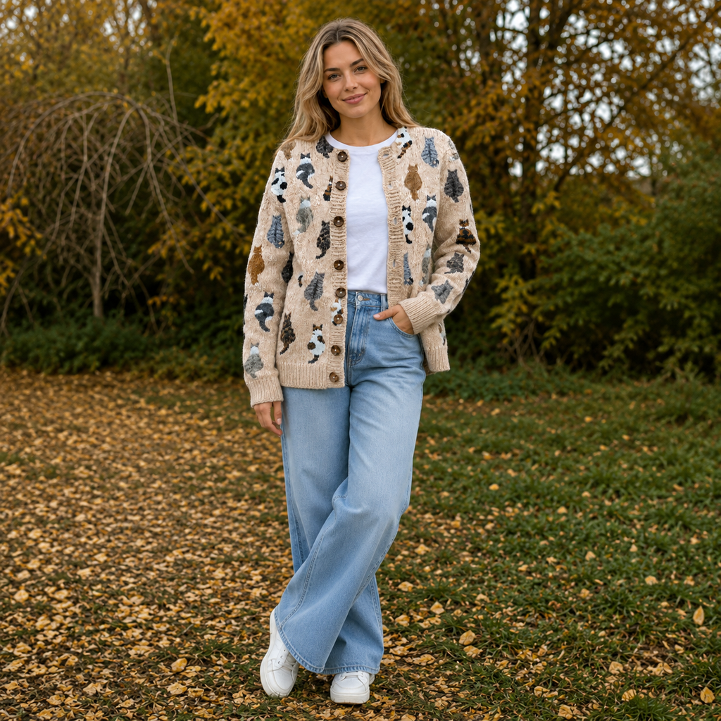 Cat print cardigan worn outdoors