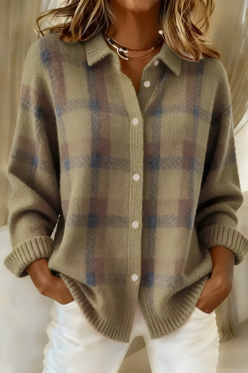 Checked knit cardigan front view
