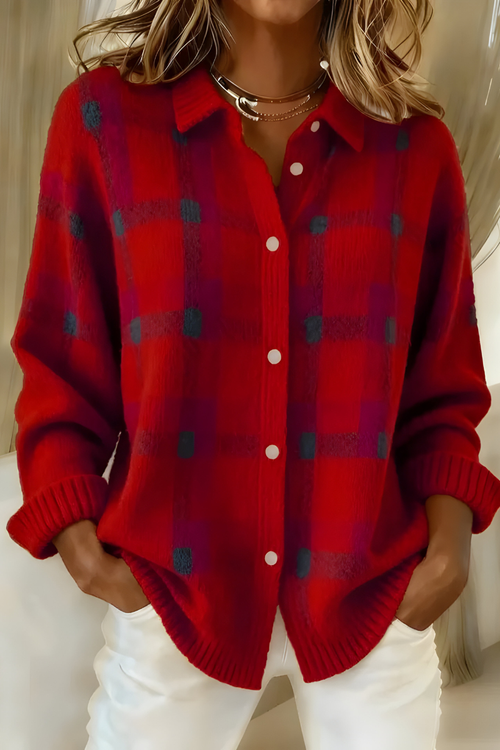 Checked knit cardigan close-up detail