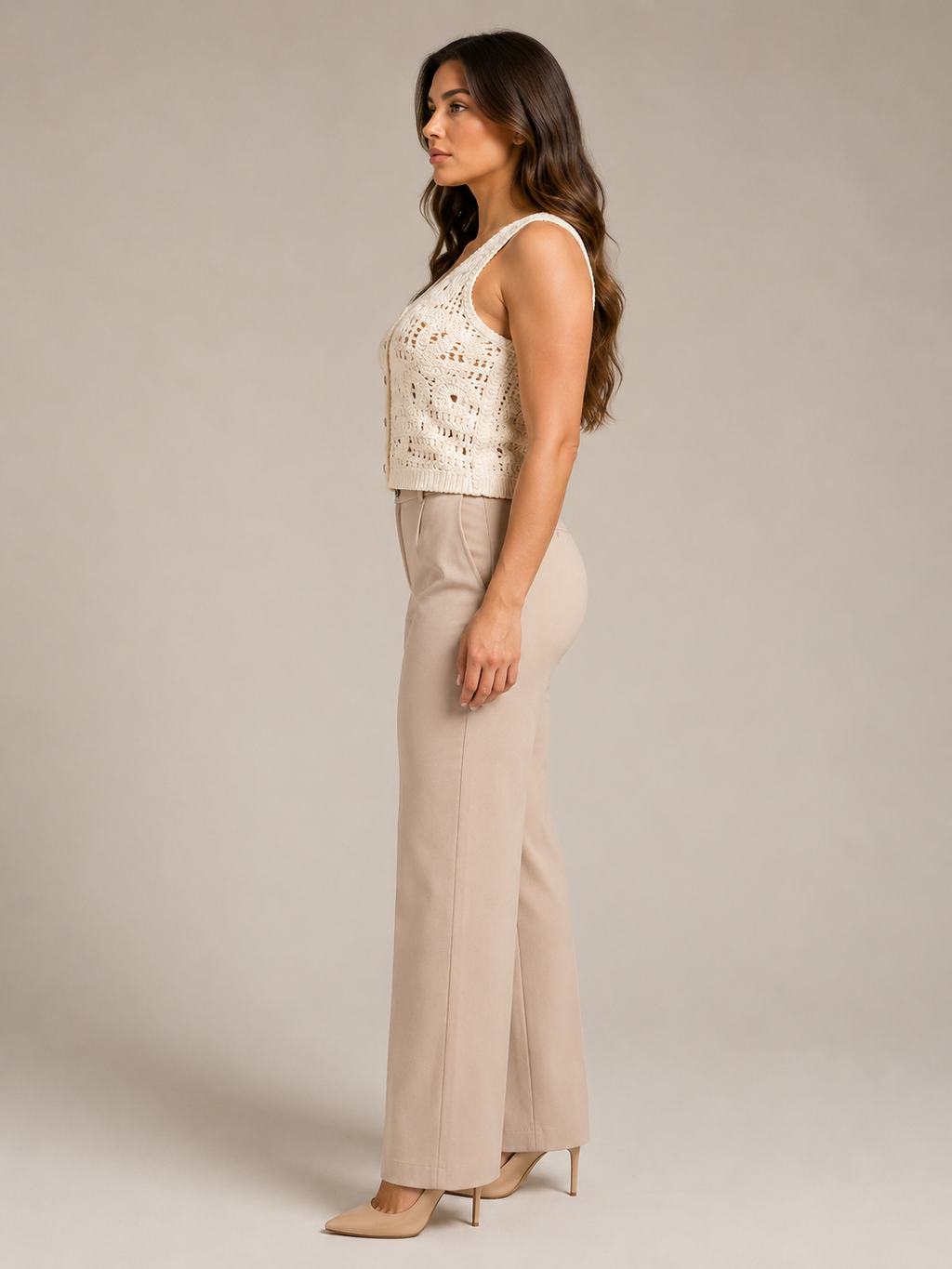 Crochet waistcoat with floral detail side view