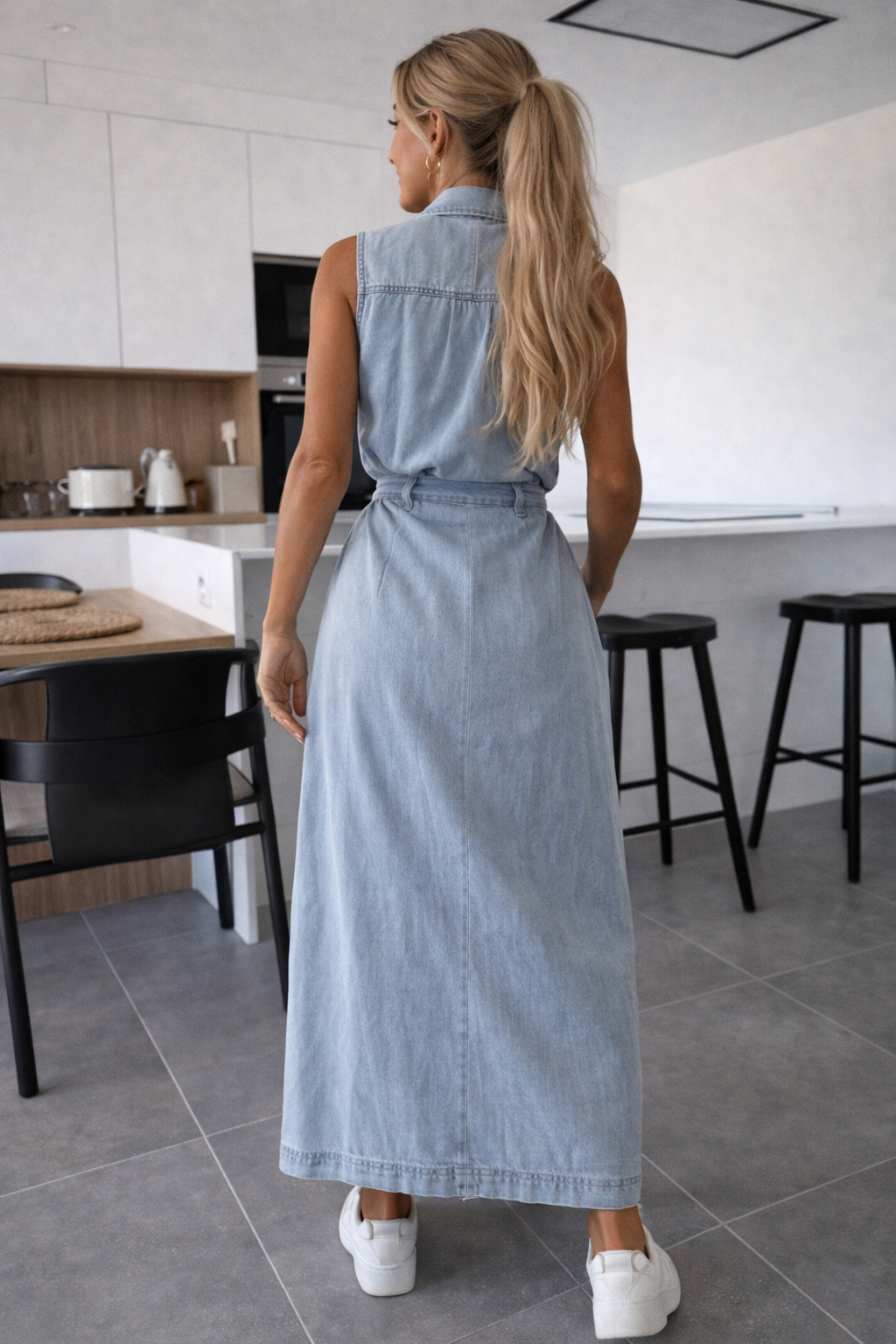 Denim look maxi dress with waist belt