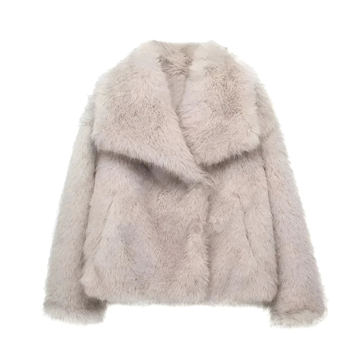 Beige faux fur jacket styled with jeans