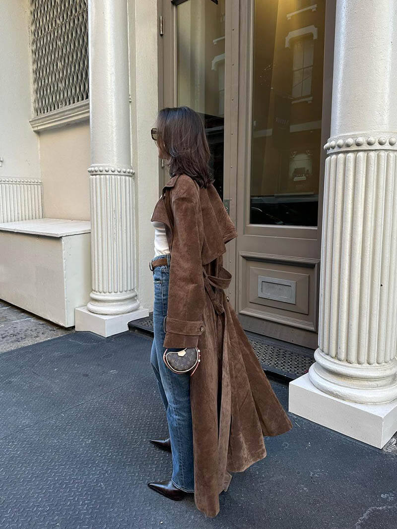 Brown faux suede trench coat front view