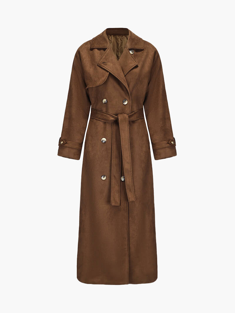 Brown faux suede trench coat side view