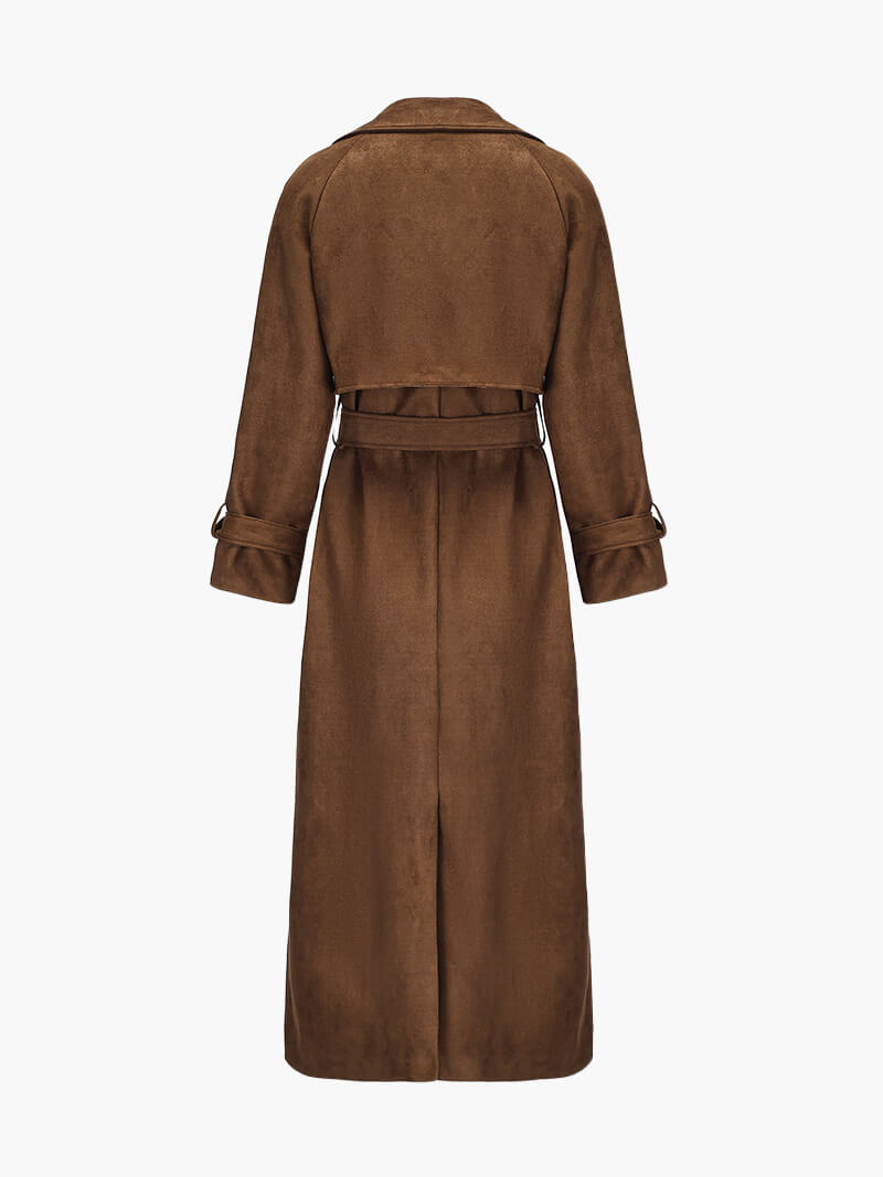 Brown faux suede trench coat with waist belt