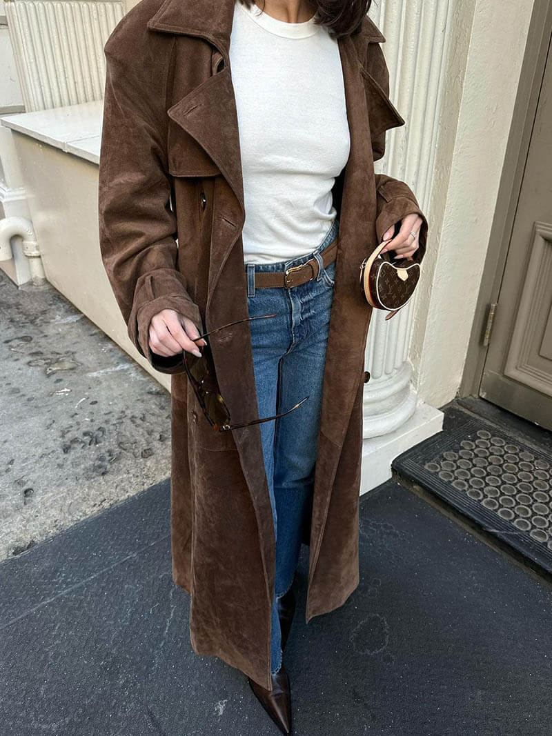 Brown faux suede trench coat close-up detail