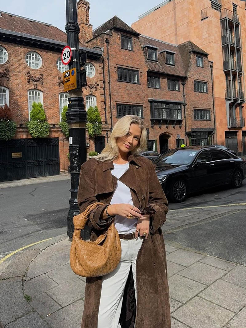 Model wearing brown faux suede trench coat