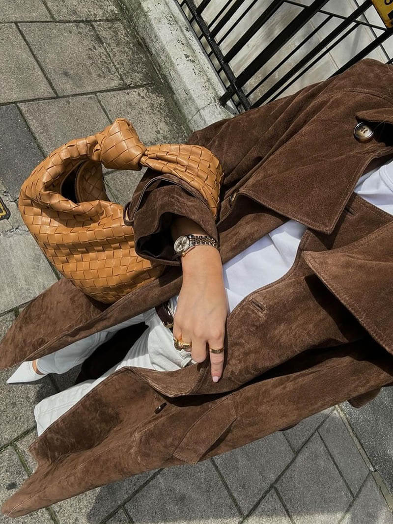 Brown faux suede trench coat back view
