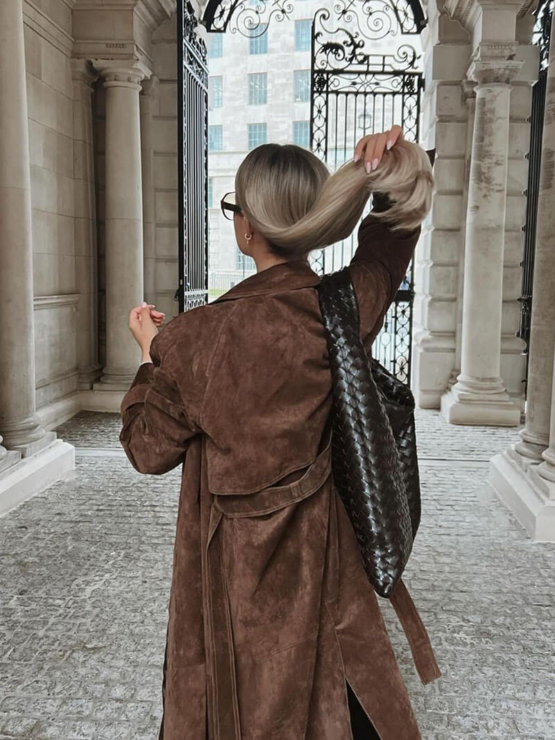 Brown faux suede trench coat styled outfit
