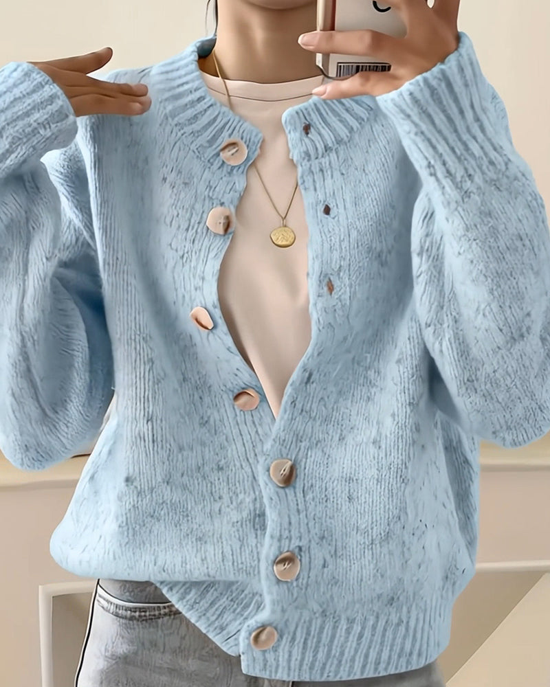 Blue knitted cardigan front view