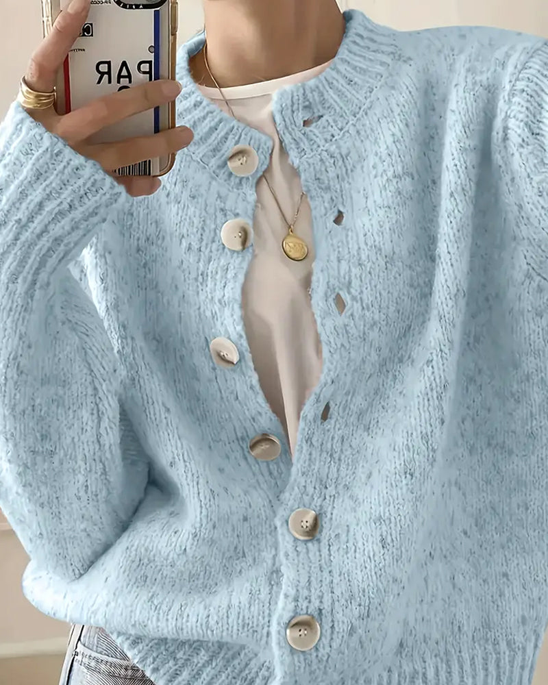 Blue knitted cardigan full outfit view