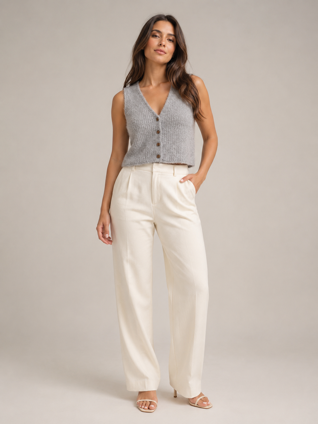 Beige knitted waistcoat on model