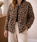 Leopard print faux fur bomber jacket front view