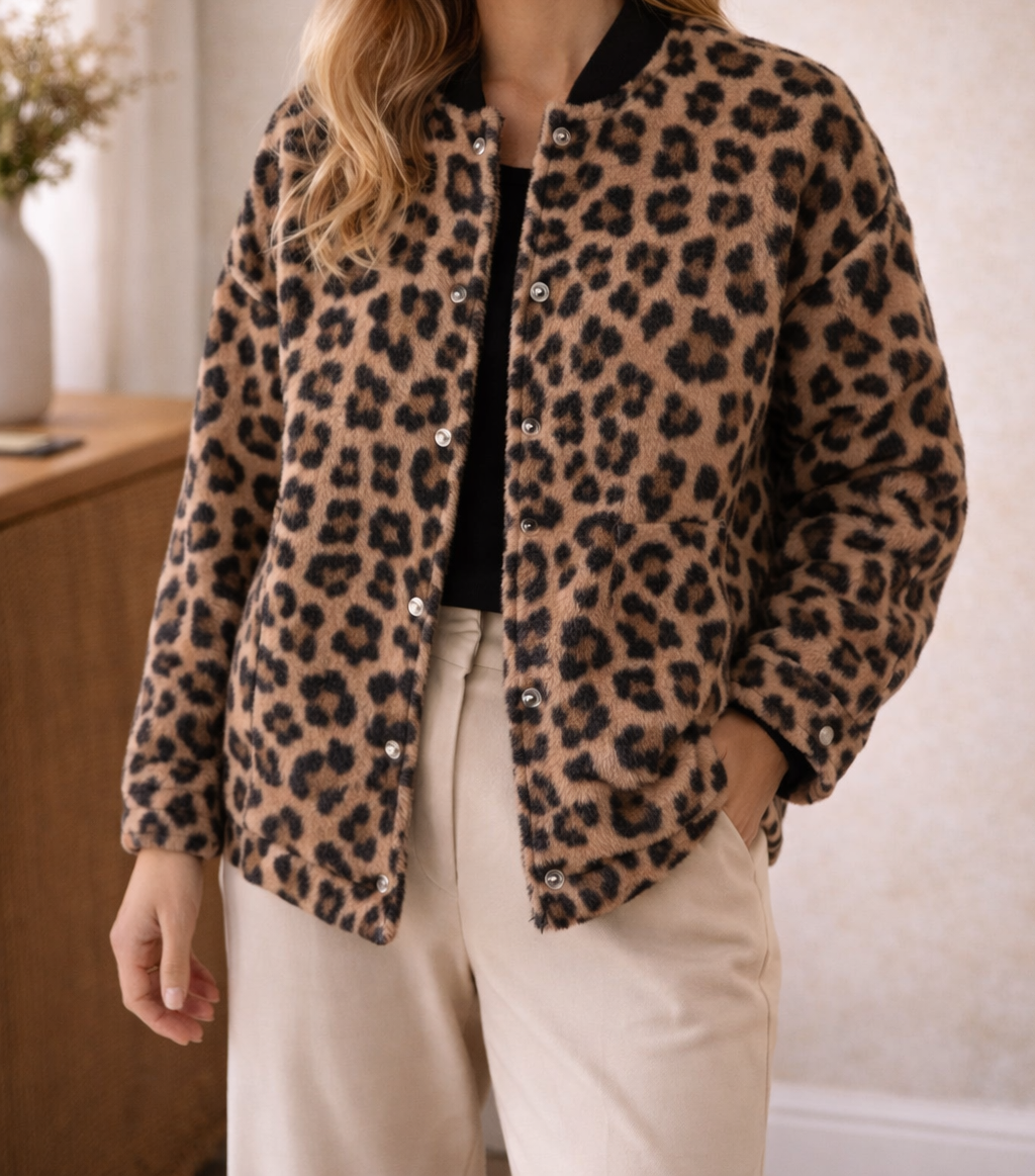 Leopard print faux fur bomber jacket front view