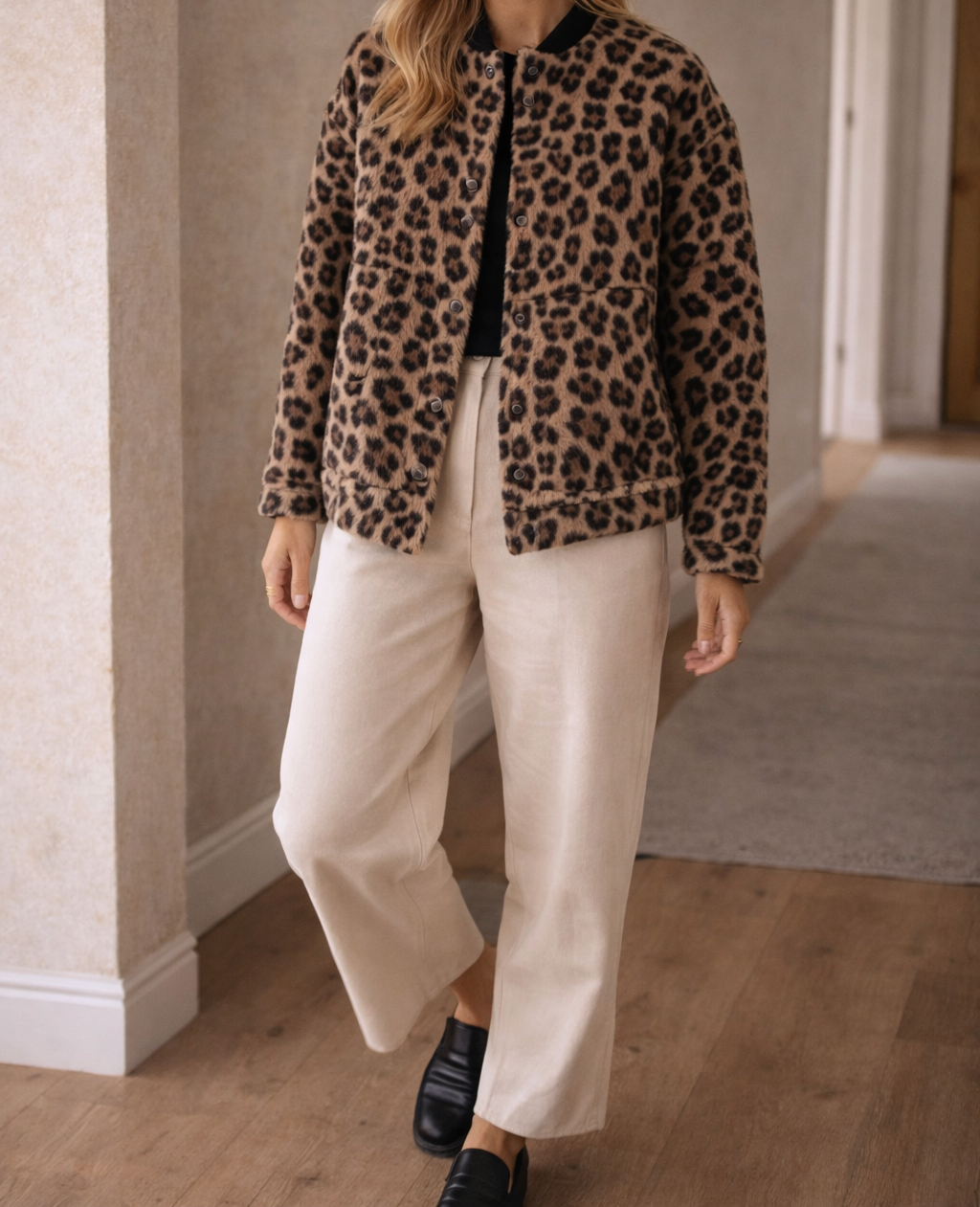 Leopard print faux fur bomber jacket side view