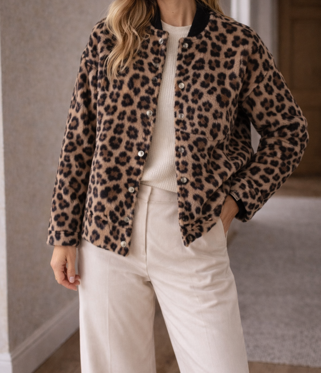 Leopard print faux fur bomber jacket close up detail