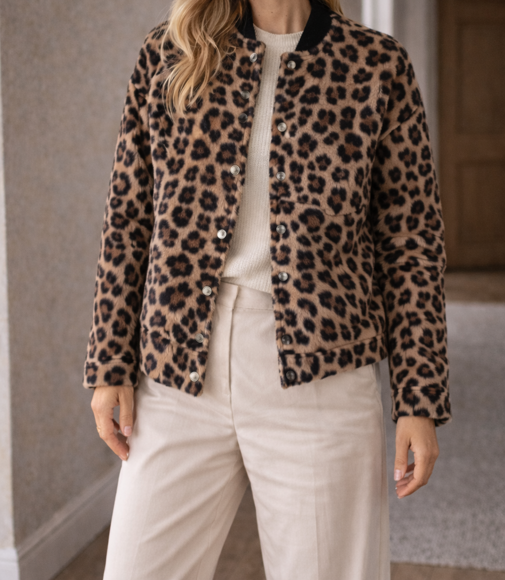 Leopard print faux fur bomber jacket back view