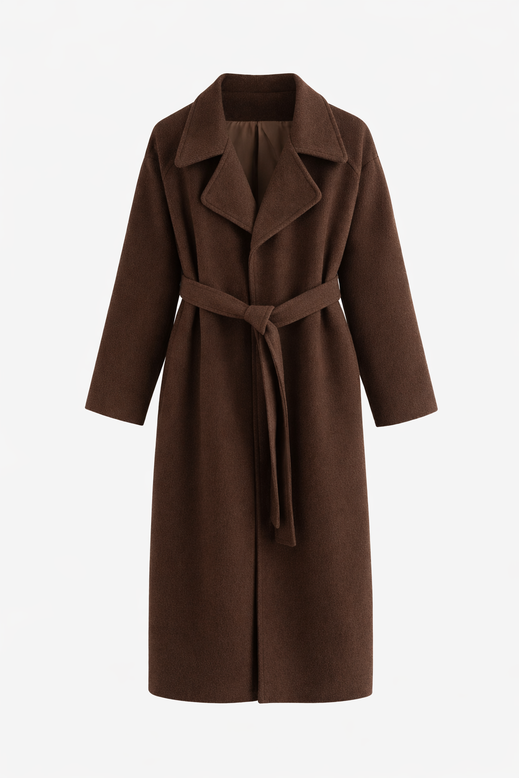 Long belted coat front view