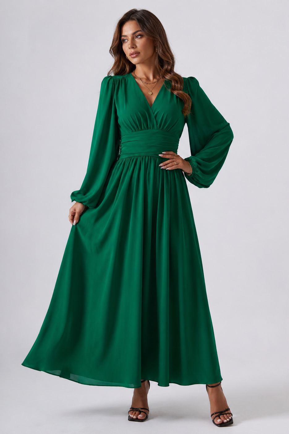 Maxi dress front view with V-neck and lantern sleeves