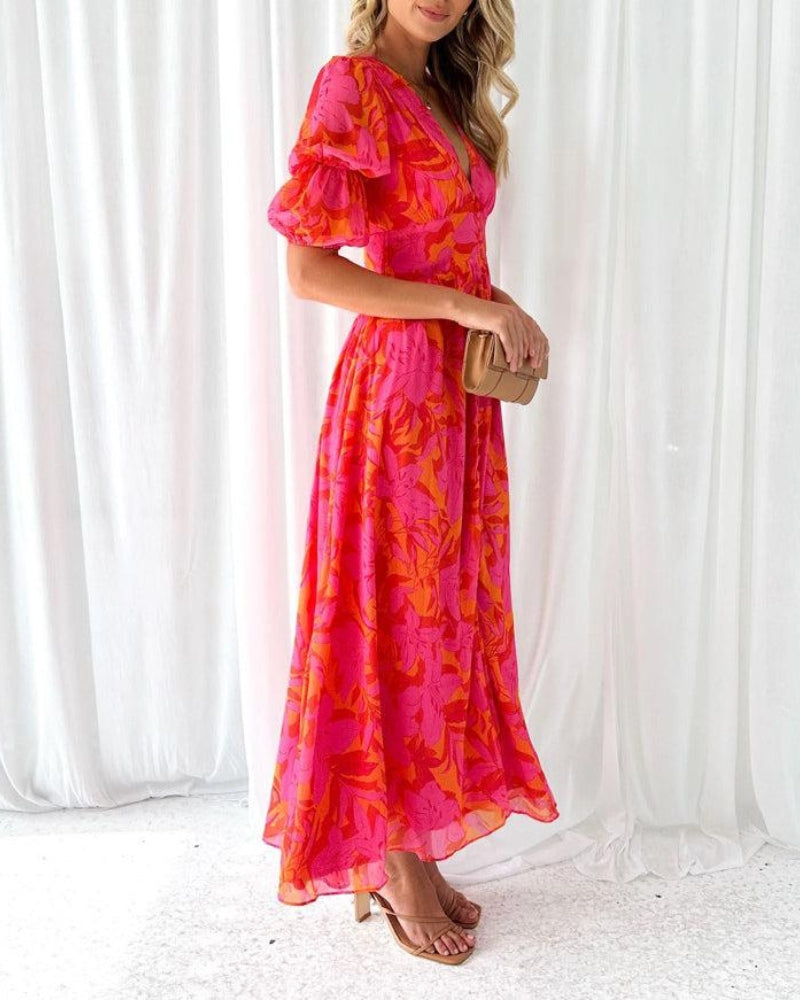 Pink maxi dress puff sleeve detail