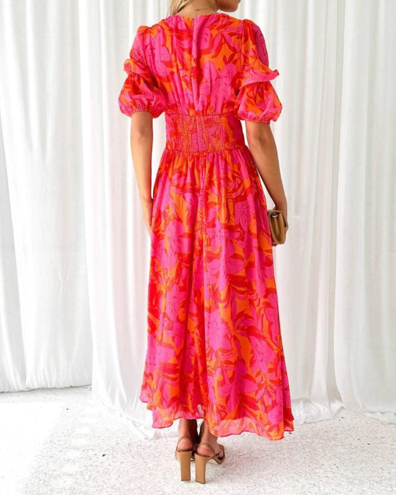 Pink maxi dress fitted waist detail