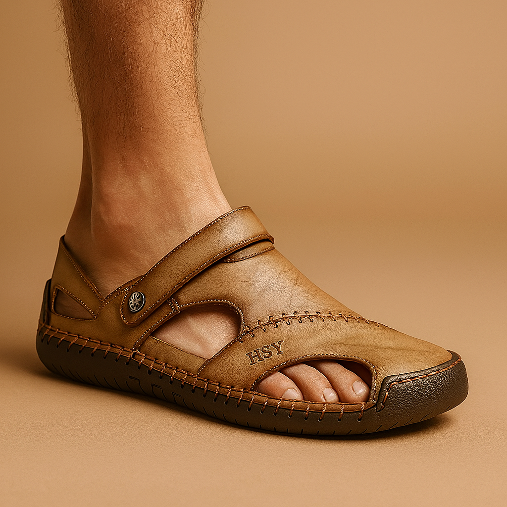 Men's walking sandals worn outdoors