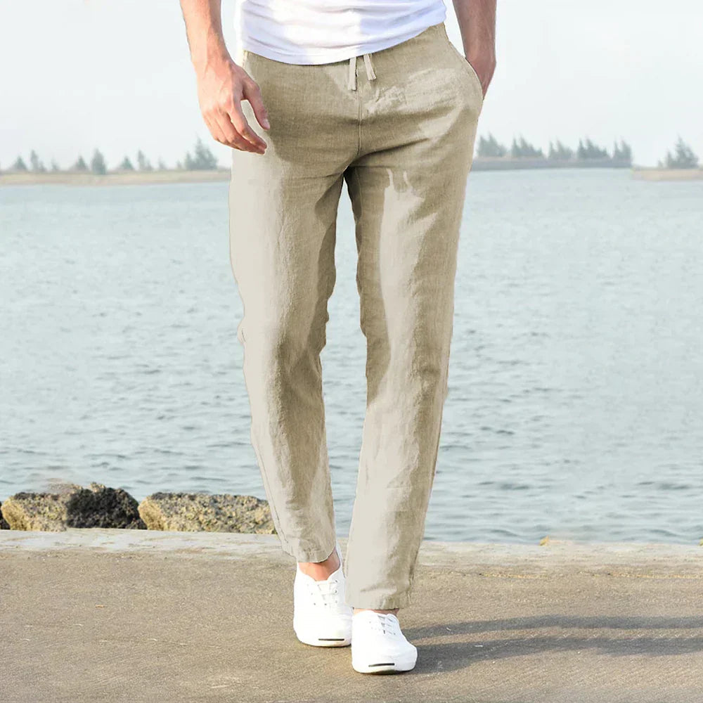 Men's loose-fit linen trousers back view