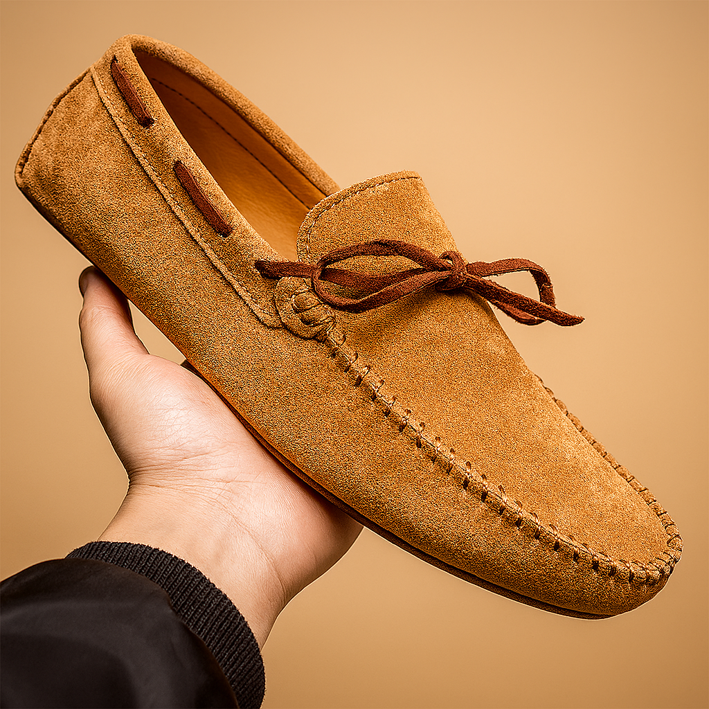 Khaki slip-on loafers on foot