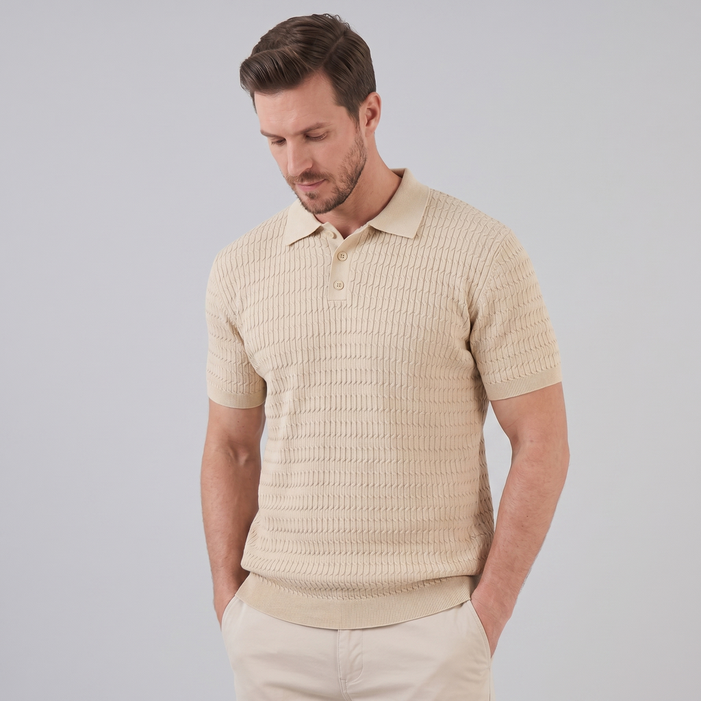 Front view of cable knit polo shirt
