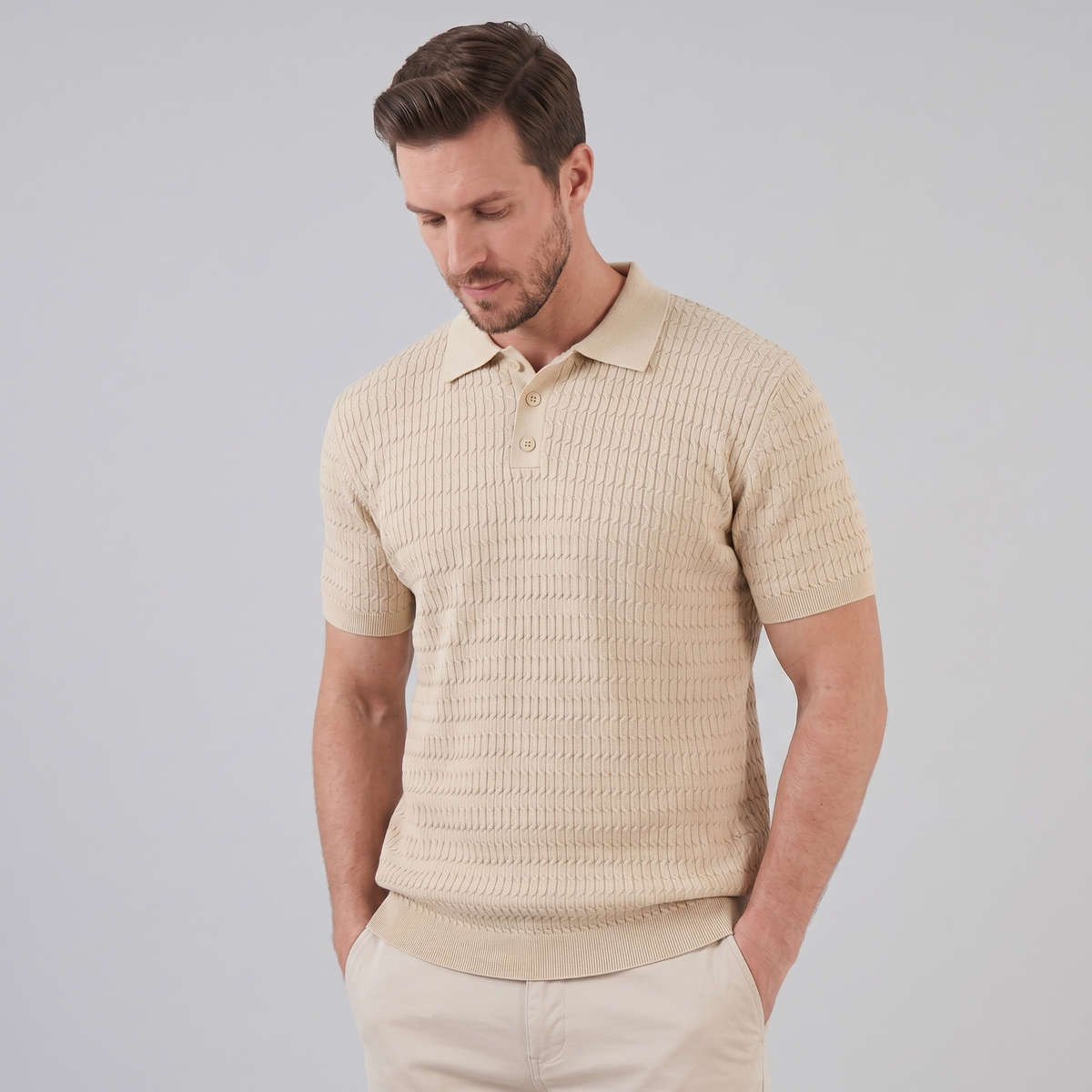 Front view of cable knit polo shirt
